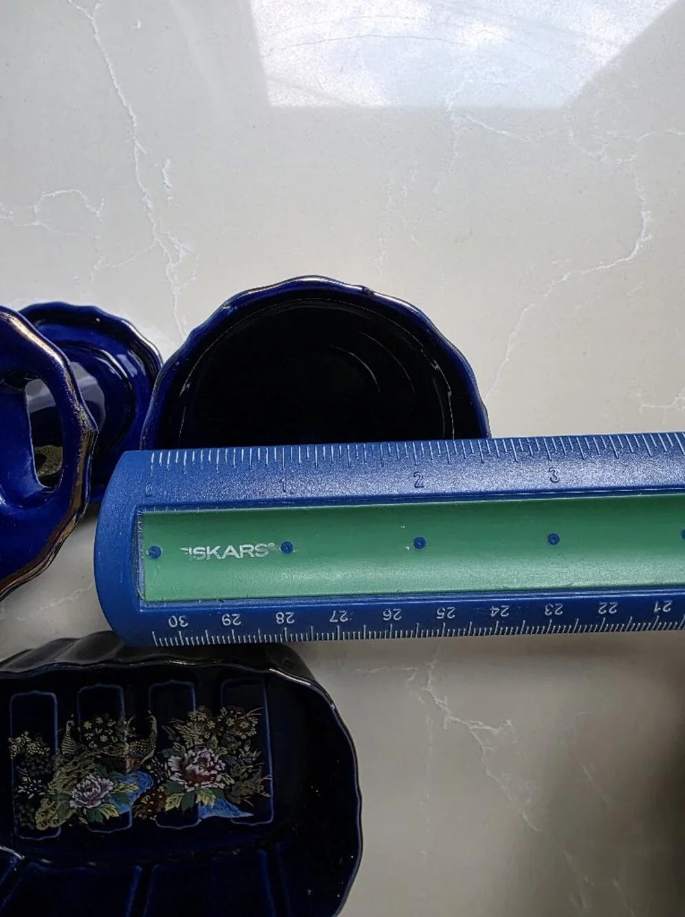 VIntage JAPANESE THREE PEICE Cobalt Blue PEACOCK & Floral Porcelain BATHROOM Set